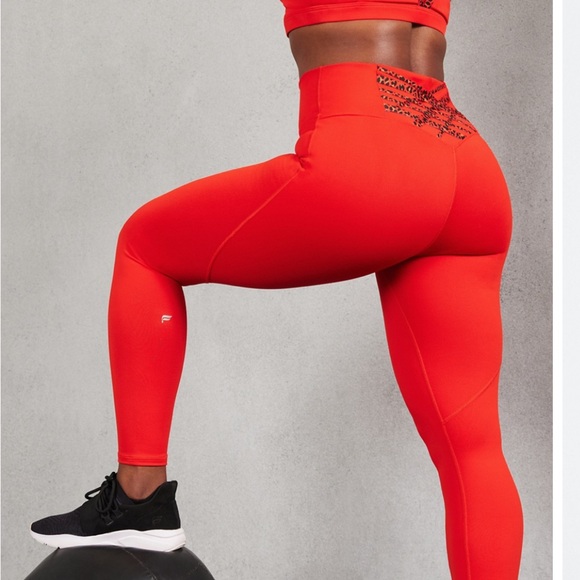 Fabletics Electric Cherry/Electric Cherry Mini Leopard Sports bra and leggings. - Picture 5 of 9